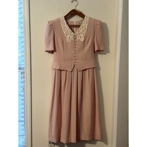 VTG Miss Dorby pink Gingham Dress 12 lace Collar Midi Cottage Grandma chic 90s